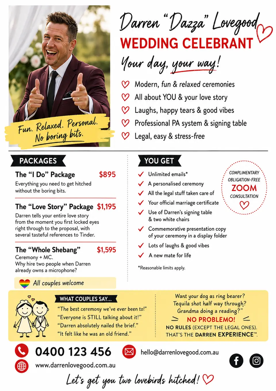 Advertisement for Darren "Dazza" Lovegood, wedding celebrant. Modern, fun and relaxed ceremonies. Packages from $895.