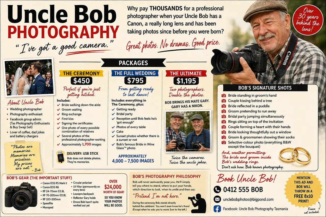 Advertisement for Uncle Bob Photography. Wedding photography packages from $450. Over 30 years behind the lens.
